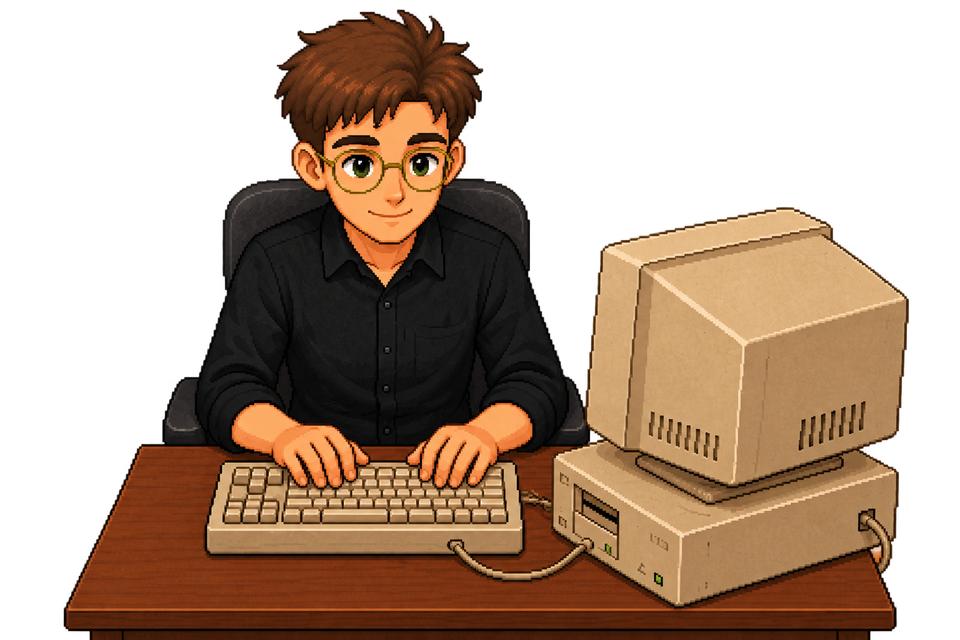 Personaje de Ogabit trabajando en una computadora retro
